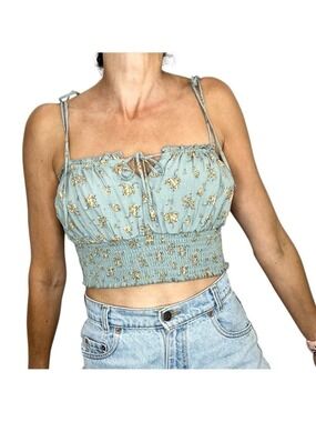 Garage cropped blue floral tie shoulder tank top L